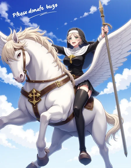 masterpiece,1girl,huge breasts,pegasus knight,She is flying in the sky on a pegasus,she is nun and holding a staff,she is speaking "Please donate buzz",close-up,<lora:pegasus knight-flux:1>,she is smiling,she is wearling a cross and domineering,