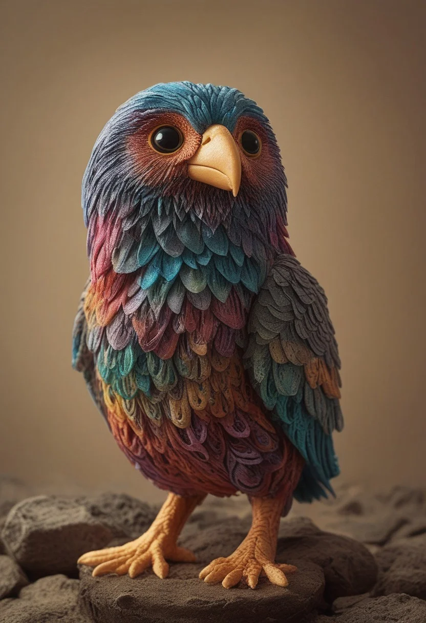 a cute chibby chicken mixed with a owl with big rainbow eyes made out of clay, it wears a cool rainbow bandana, very detailed, 4k, sharp, eating rainbow worms, novuschroma51 style