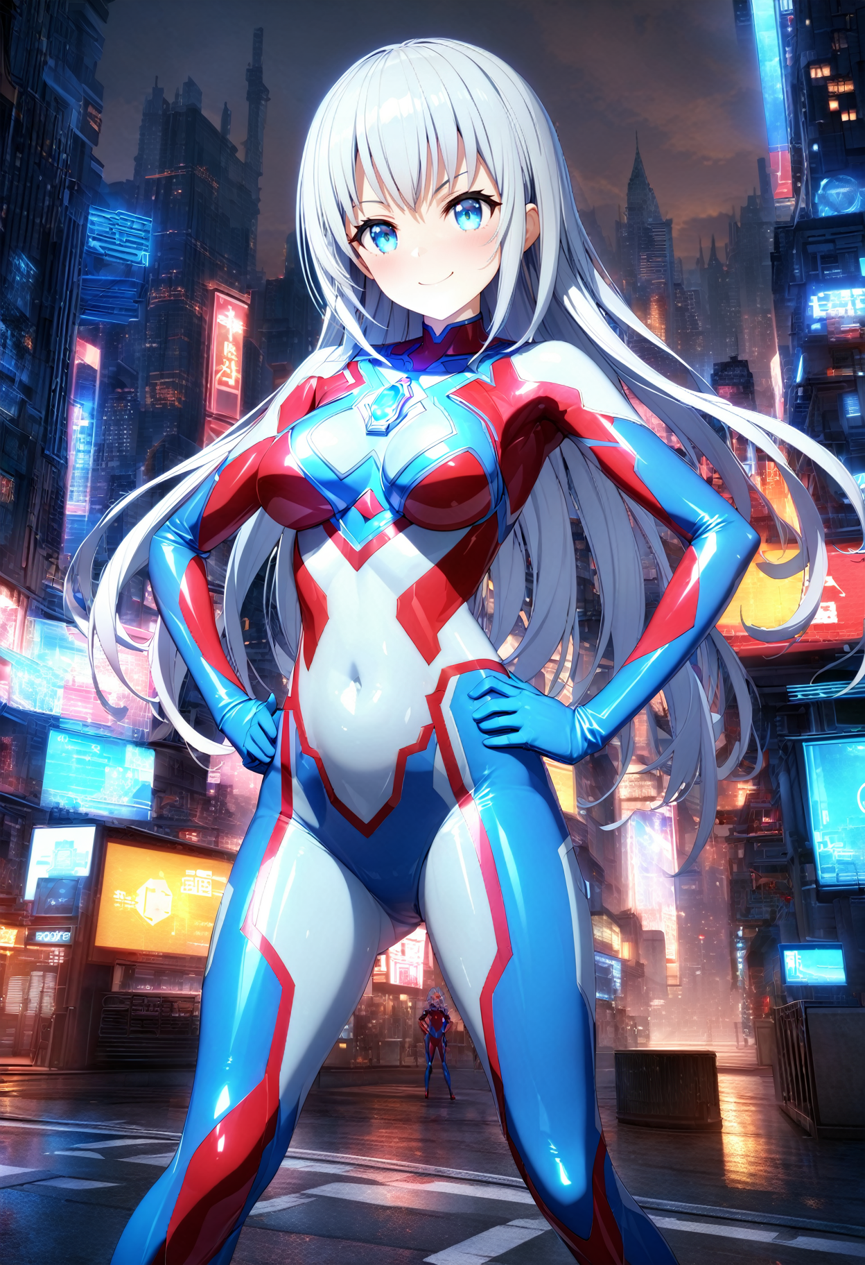 ultragirl, full body, (standing :1), hands on own hips, thumbs up, (smile:1.0), (a glowing blue gem on chest :1), red silver blue intricate bodysuit, geometric pattern on bodysuit, 
all intricate, extremely detailed 3d cg wallpaper, masterpiece, best quality, very aesthetic, absurdres, detailed background, detailed face, cityscape, detailed buildings background, street, 
<lora:SDXL_Ultragirl1-4-red-lion:0.7>