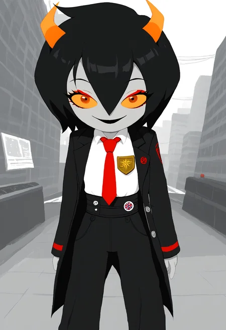 score_9, score_8_up, score_7_up, HD, best quality, masterpiece, detailed, minimalist, mspaint, 1girl, Niikou, d0nquix0tedef, Black hair, short hair, hair between eyes, horns, colored skin, grey skin, colored sclera, orange sclera, black lipstick, red eyeshadow, black coat, open coat, badge, long sleeves, white shirt, collared shirt, red necktie, black pants, high-waist pants, standing, happy, smiling, city alleyway