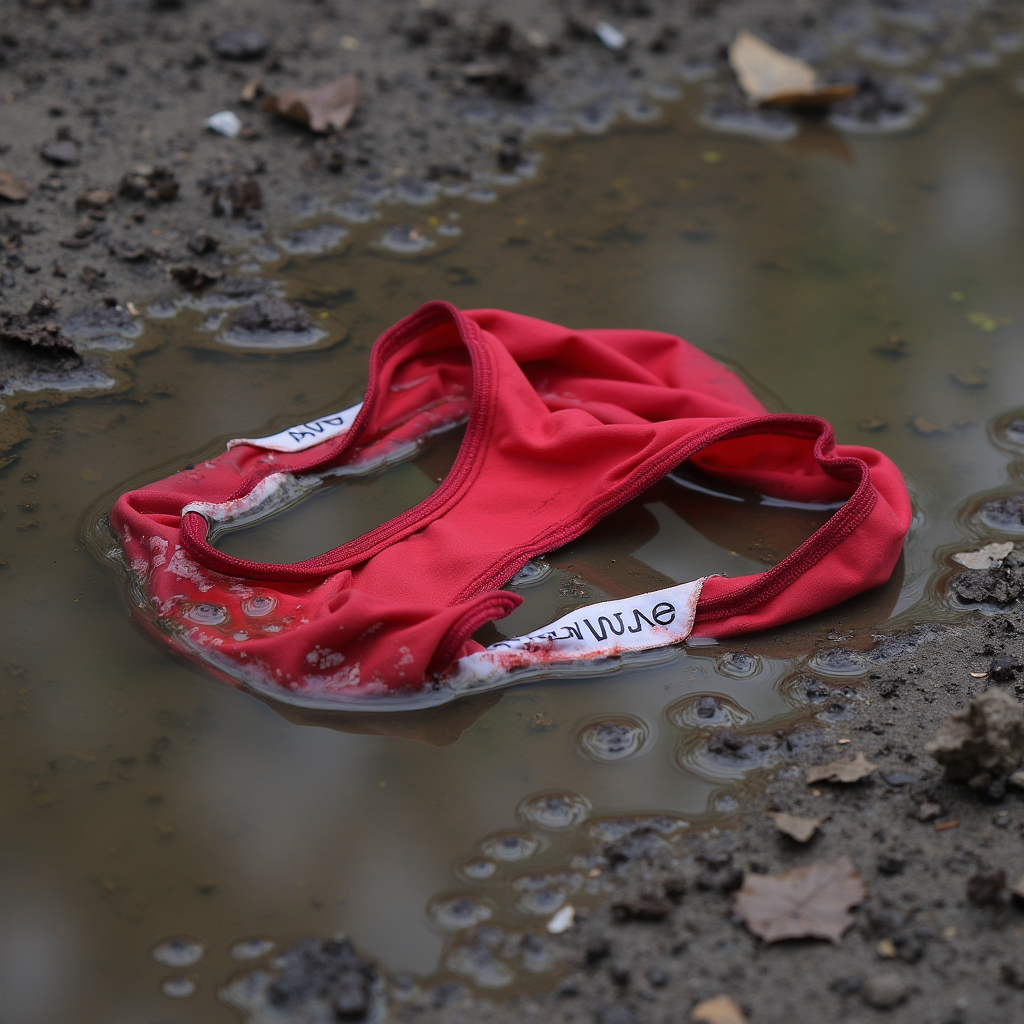 forgotten underwear, wet dirty worn red panties lying in the puddle under the hard rain, whitish stains on the panties where they were used on body, 4K, HDR, HD, high detailed, high resolution, sharp focus, masterpiece, 4K, HDR, HD, high detailed, high resolution, sharp focus, masterpiece, <lora:Forgotten Underwear v1.0:1.0>