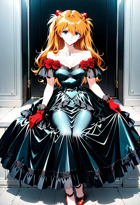 1girl,solo,looking at viewer, ikeda ruriko,gr dress, flower, black dress, red flower, gloves, jewelry, bare shoulders, red footwear, souryuu_asuka_langley,sitting,