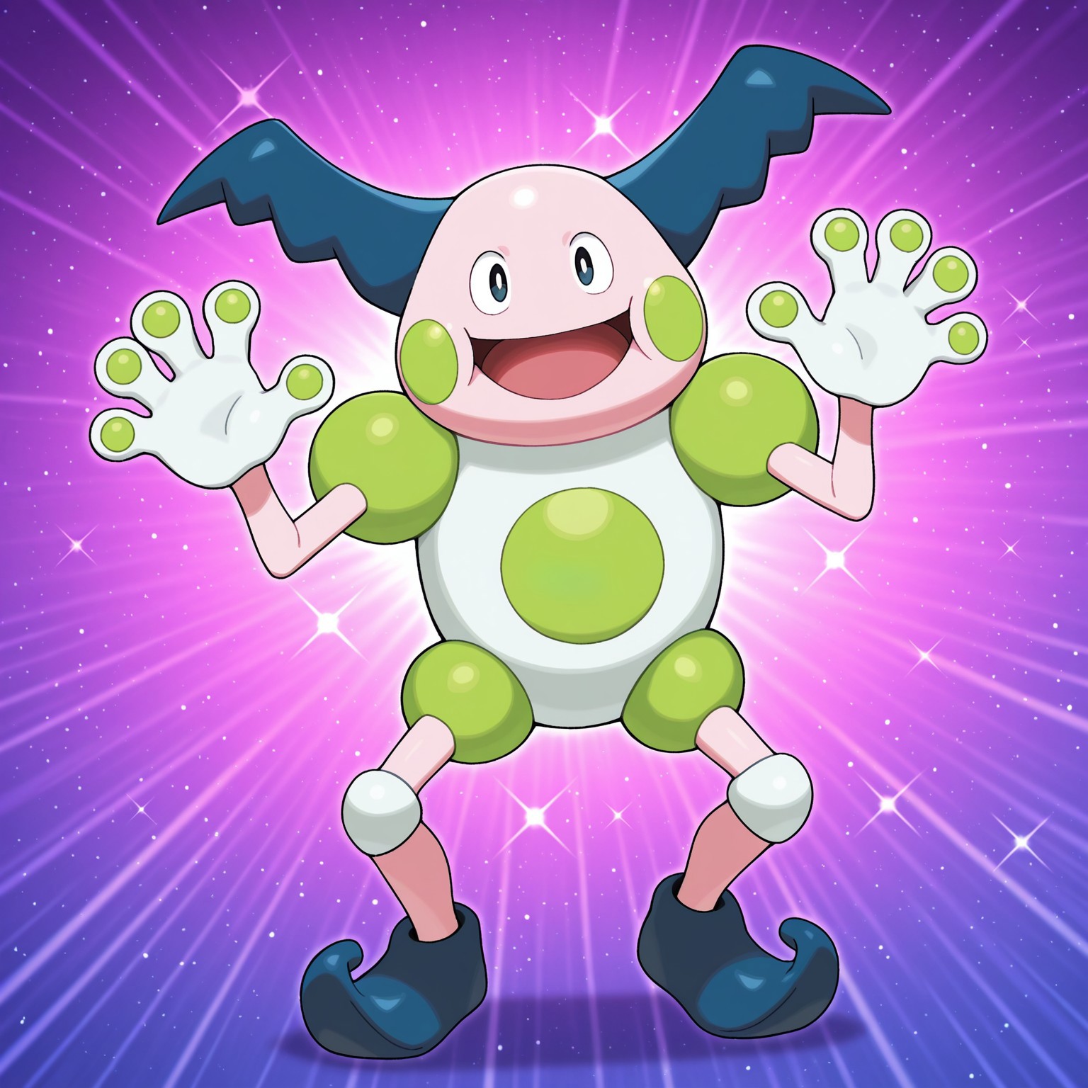 pokemon (creature), black pupils, light pink skin, blue hair, green cheek spots, noseless, green and white body, blue footwear, white hands, white knee pads, green finger pads, green shoulder pads, ((shiny pokemon))

BREAK looking at viewer, open mouth smile, standing, hands up, abstract background, full body, (sparkles)

BREAK best quality, amazing quality, very aesthetic, absurdres, newest, masterpiece 