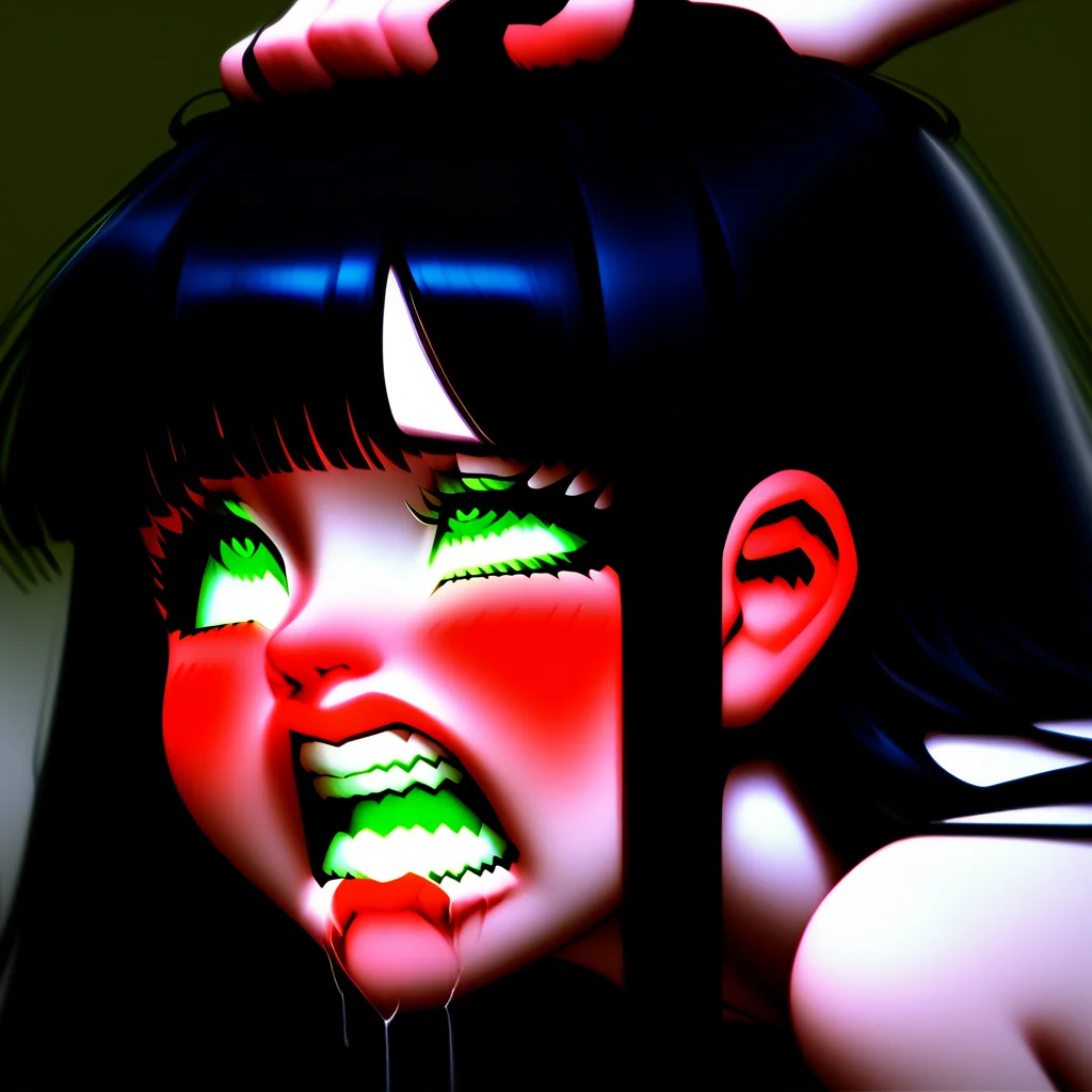Score_9, score_8_up, score_7_up, str4in, clenched teeth, sweating, blushing, drool, eyes rolling up, 1girl, teeth, green eyes, long hair, solo, saliva, rolling eyes, black hair, bangs, blush, ahegao, clenched teeth, snot, blunt bangs, white background, simple background, drooling, tears, lips, portrait