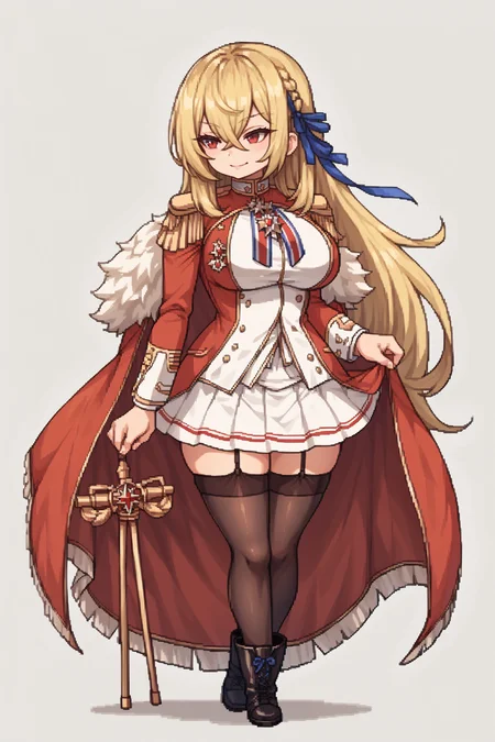 score_9, score_8_up, score_7_up, , rating_general,1girl ,mlkgv, blonde hair, blue ribbon. dress uniform, fur-trimmed cape, hair between eyes, large breasts, long hair, medal, red eyes, striped ribbon, white skirt, epaulettes, garter straps, black thighhighs, black boots, rudder footwear, smile, <lora:kgv-8:1>, naughty face, <lora:GBFPixelPDCAME Style:1>, pixel art, 2d, full portrait, simple background, white background, chibi