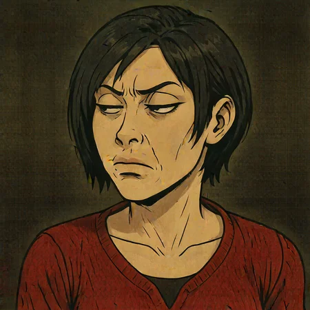 masterpiece, best quality, newest, absurdres, highres, anime, anime style, TSLV1.0, skeptical expression, judgmental look, side-eye, half-closed eyes, tight-lipped, furrowed brow, frown, looking sideways, 1girl, Ada_wong, \(resident evil\), asian, asian female, short hair, black hair, sweater, red sweater,