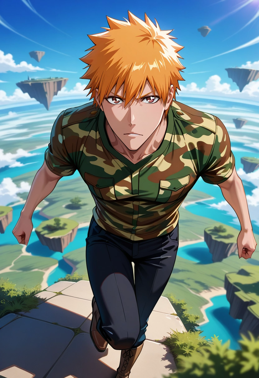 masterpiece, best quality, , semi-realistic, looking at viewer, depth of field, 1boy, solo, male focus, <lora:ichigo_kurosaki_ilxl:0.94>, ichigo_kurosaki, 1boy, orange hair, brown eyes, short hair, spiked hair, hair between eyes, , , panorama, floating island, midnight, standing on one leg, sparkling eyes, Seersucker Chinos, Camouflage shirt, Chukka boots, ,