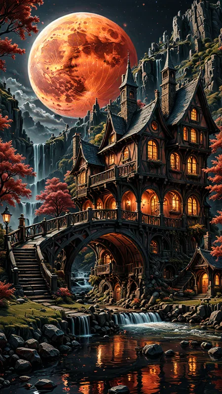 photorealism, intricate details, extremely detailed, masterpiece, masterpiece, Outstanding intricacies, best quality, hires textures, high detail, incredibly detailed, Cinematic Lighting, at night, A hobbits Mansion, River, Bridge, waterfall, Large Red Moon, intricately detailed, true masterpiece, UHD, vibrant neon, studio quality Overall Detail, Painstaking attention to details, Epic, UHD , <lora:3D_Framed_Wall_Art_-_By_DICE:1>. (3D Framed, Moon), (Use Dream Diffusion Secret Prompt)