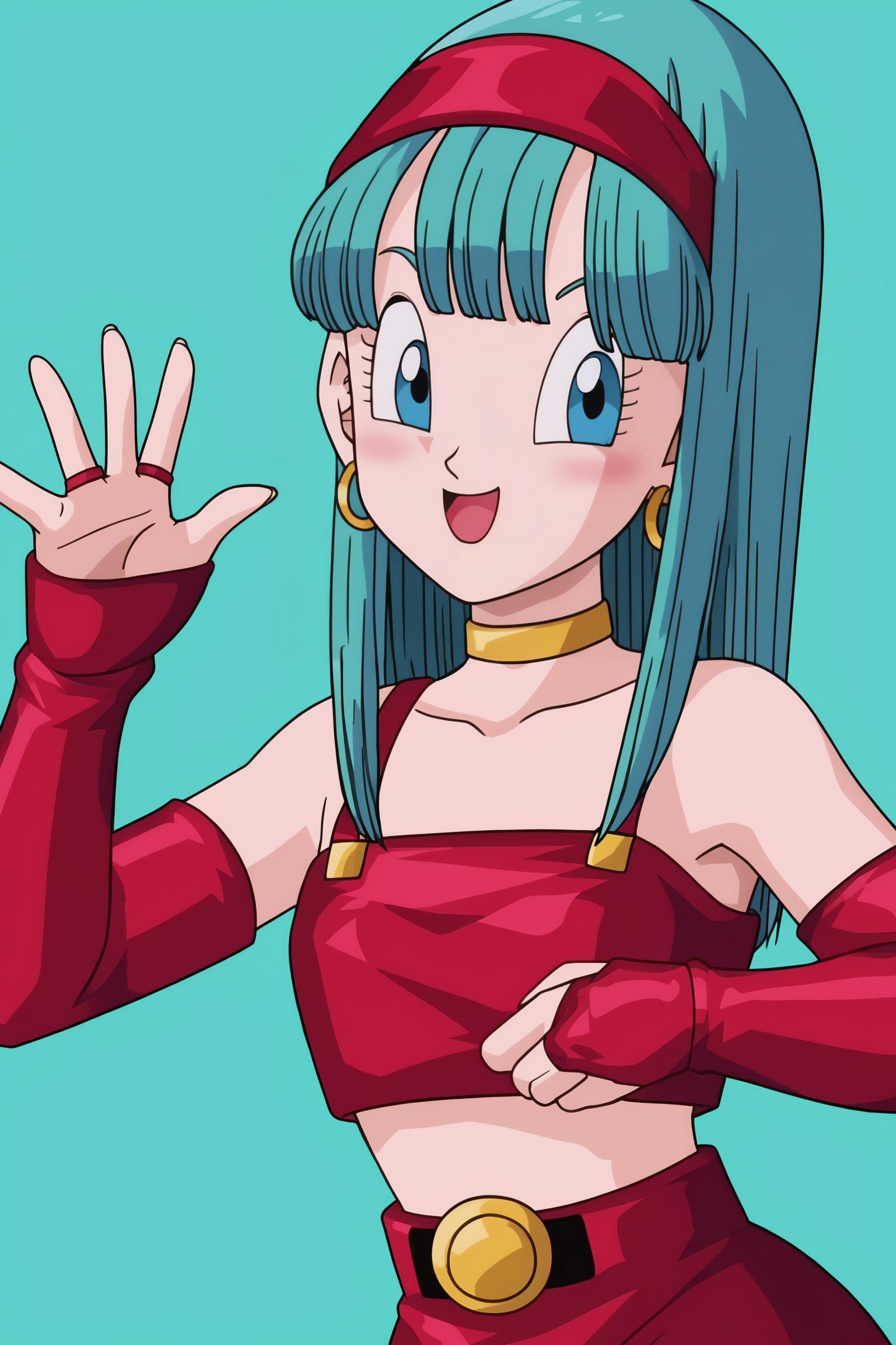 source_anime, score_9, score_8_up, score_7_up, anime screencap, absurdres,
bra \(dragon ball\), official style, 1girl, solo, long hair, breasts, looking at viewer, blush, smile, open mouth, bangs, simple background, collarbone, upper body, :d, aqua hair, blue background, ring, blunt bangs, bridal gauntlets, eyelashes, hoop earrings, eyebrows, bare shoulders, waving, red hairband, blue eyes, red armwear, red crop top, midriff, pointy nose, straight hair, shiny hair, tongue, leaning forward, flat chest, armpits, hair on shoulder, choker, leather
 <lora:bra_v1:0.8>