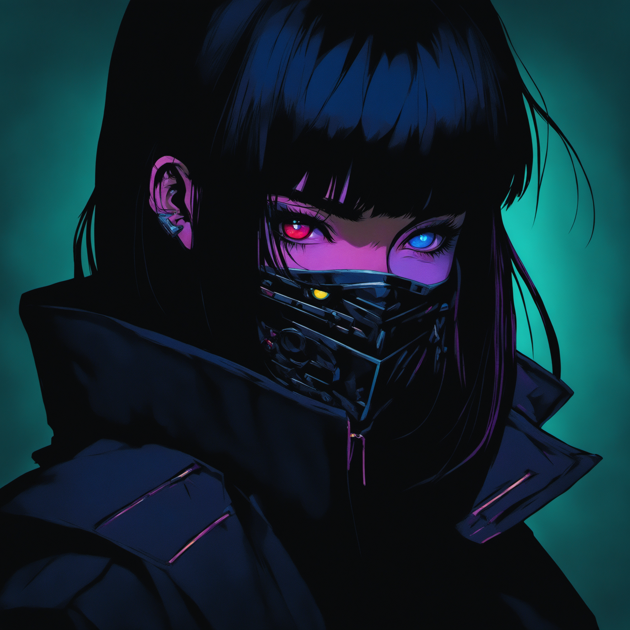 masterpiece,best quality,simple background,chromatic aberration, 1girl,cyberpunk,eyepatch,eye trail,black hair,blunt bangs, <lora:Sinozick:1>,Sinozick,dark theme,close-up,dark,night,