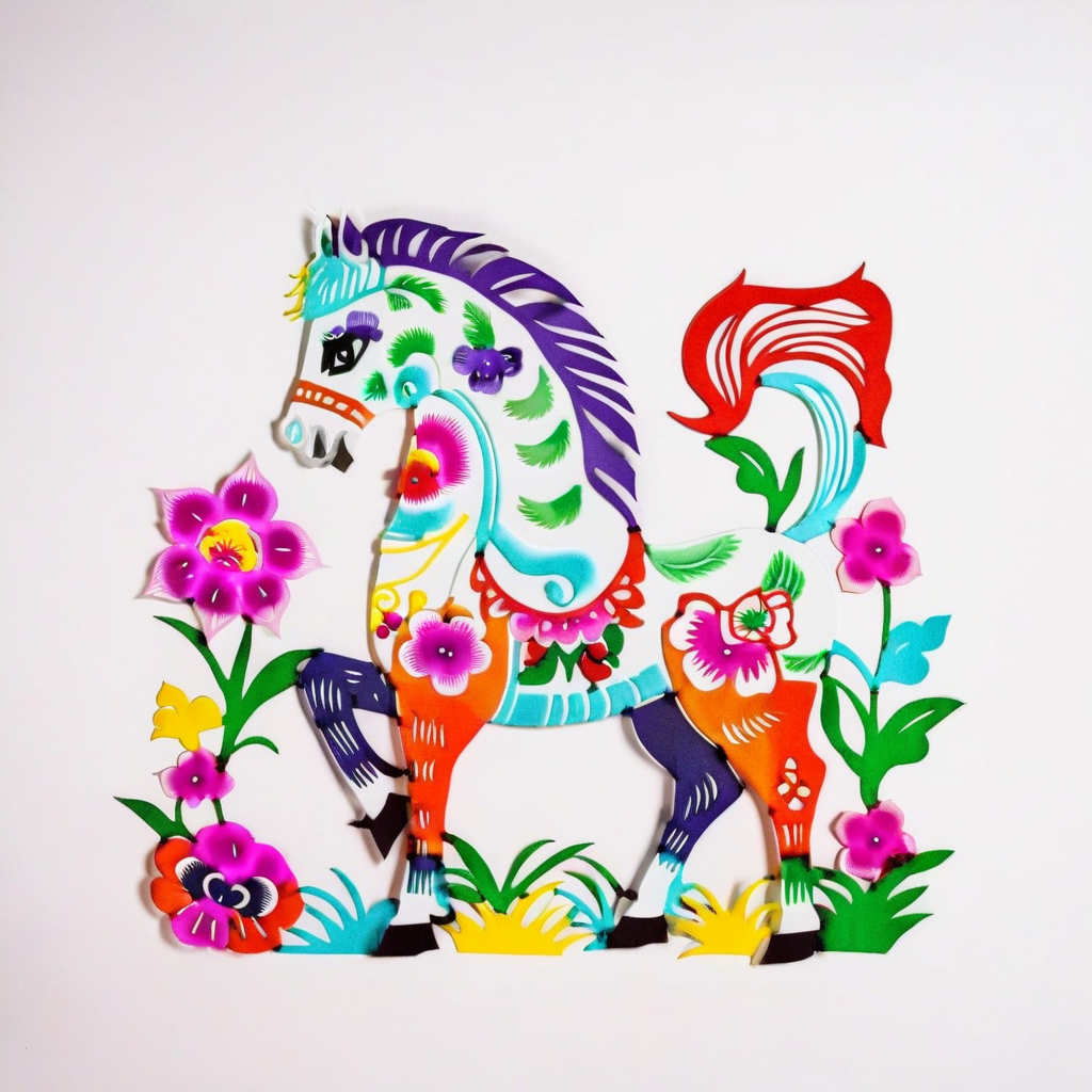 an image of  a colorful horse,grass,flowers,solid white  background,colorful SP_CN_PPC,paper cutting <lora:0204_paper_cutting-checkpoint-5000:1.0>