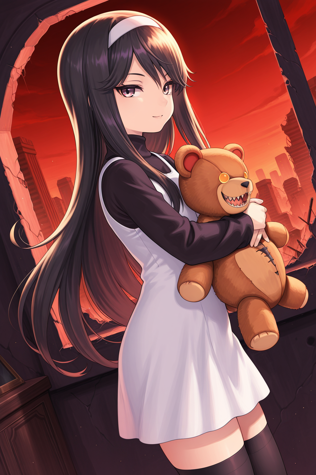 1girl, SakoErikaDevilSummoner, 
general, solo, dutch angle, from side, half body,
long hair, straight hair, purple eyes,
hairband,
white dress, turtleneck, long sleeves,
black thighhighs, zettai ryouiki,
looking at viewer, light smile, holding stuffed toy,
indoors, red sky, ruins, building, teddy bear and yellow eyes,
<lora:kp_SakoErikaDevilSummonerIllustrious_v1_0:1.0>,
masterpiece, best quality, amazing quality
