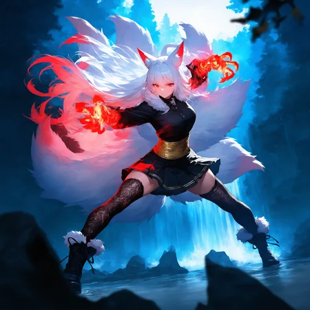 1girl, floating long white hair, red streak in hair, red eyes, fox ears, multiple fluffy white tails,
black outfit, fur trim, ornate golden sash, white ribbon, bells, black intricate lace thighhighs, pleated skirt, combat boots,
toned body,
dynamic pose, lunging, clawed hands, intense expression,
outdoors, action scene,
mountains, lake, waterfall,
sunlight, colorful, bright, light particles,
(((masterpiece, best quality, absurdres, highres, very awa)))