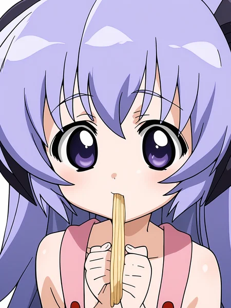 score_9, score_8_up, score_7_up, source_anime, anime screencap, masterpiece, best quality, very aesthetic, absurdres, <lora:0r0P00W0n0j0O0kqLPony_LoRA_V1>, 1girl, hanyuu, solo, (tween:1.2), kawaii, ((horns)), medium breasts, purple eyes, purple hair, long hair, simple background, white background, ai drawing anime characters eating ramen \(meme\)