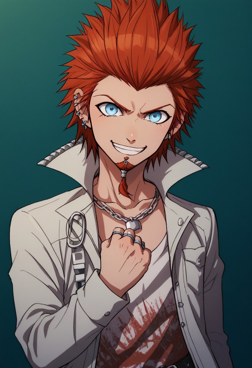 score_9, score_8_up, score_7_up, source_anime, highly detailed, 
leokuwata, 1boy, solo, male focus, jewelry, smile, ring, red hair, spiked hair, grin, belt, earrings, blue eyes,
necklace, looking at viewer, jacket, chain, ear piercing, piercing, goatee, print shirt, upper body, hand up, closed fist,
indoor,