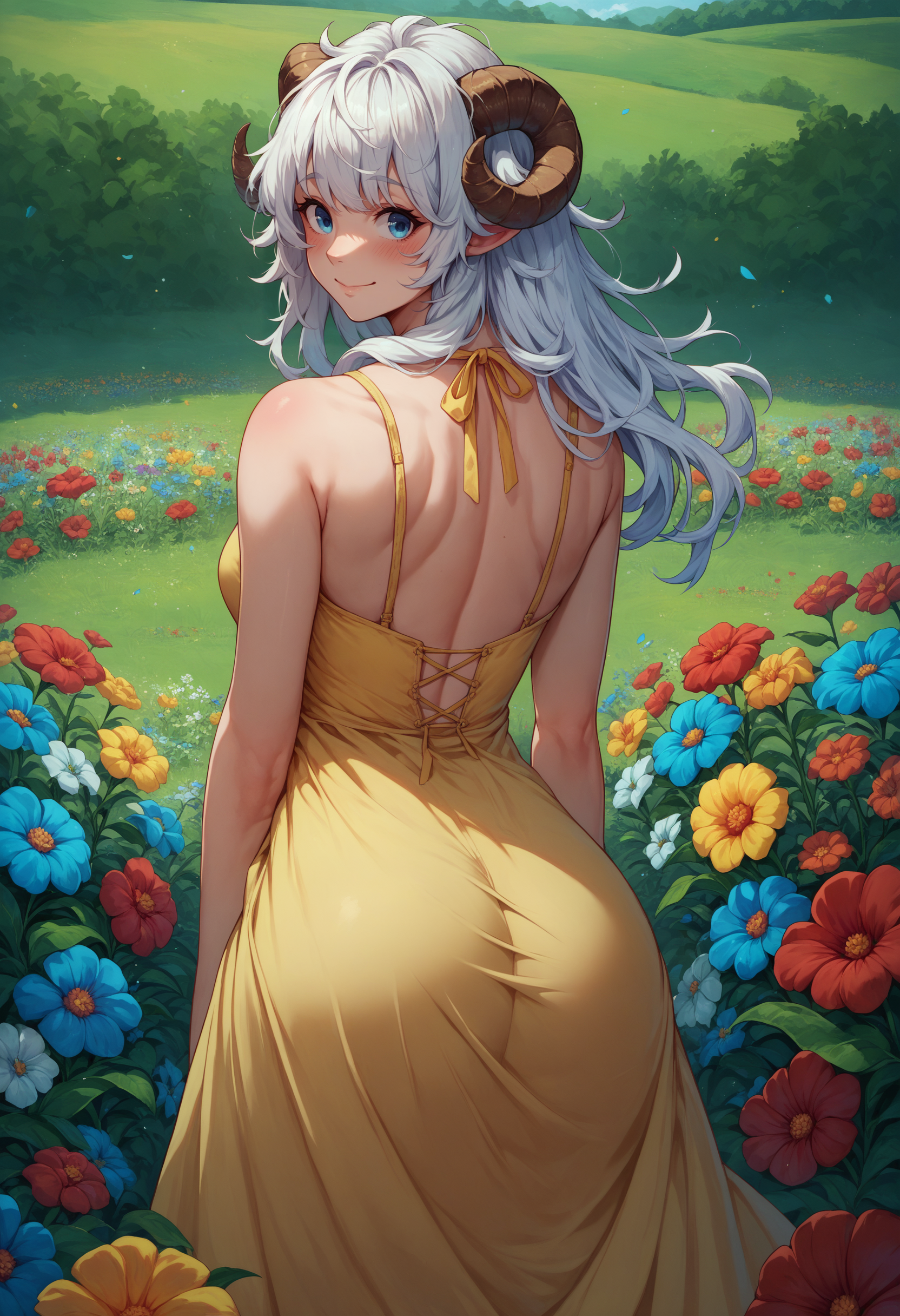 score_9, score_8_up, score_7_up, 1girl, white hair, long hair, messy hair, ribbon, outdoors, sheep horns, blue eyes, yellow sundress, flowers, colorful flowers, red flowers, blue flowers, field, from behind, looking back, smile, blush, closed mouth,