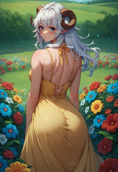 score_9, score_8_up, score_7_up, 1girl, white hair, long hair, messy hair, ribbon, outdoors, sheep horns, blue eyes, yellow sundress, flowers, colorful flowers, red flowers, blue flowers, field, from behind, looking back, smile, blush, closed mouth,