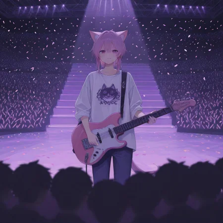 Here's a prompt to generate an image similar to the one you provided: **Prompt:** Anime style illustration of a young male guitarist on stage. He has dark, tousled hair and a somewhat serious expression. He's wearing a white long-sleeved shirt with a stylized cartoon cat graphic on it. He is holding a bright pink electric guitar. The background is a concert stage with blurred figures of a crowd, bright purple stage lights, and a shower of confetti. The overall style is vibrant and colorful with sharp details.