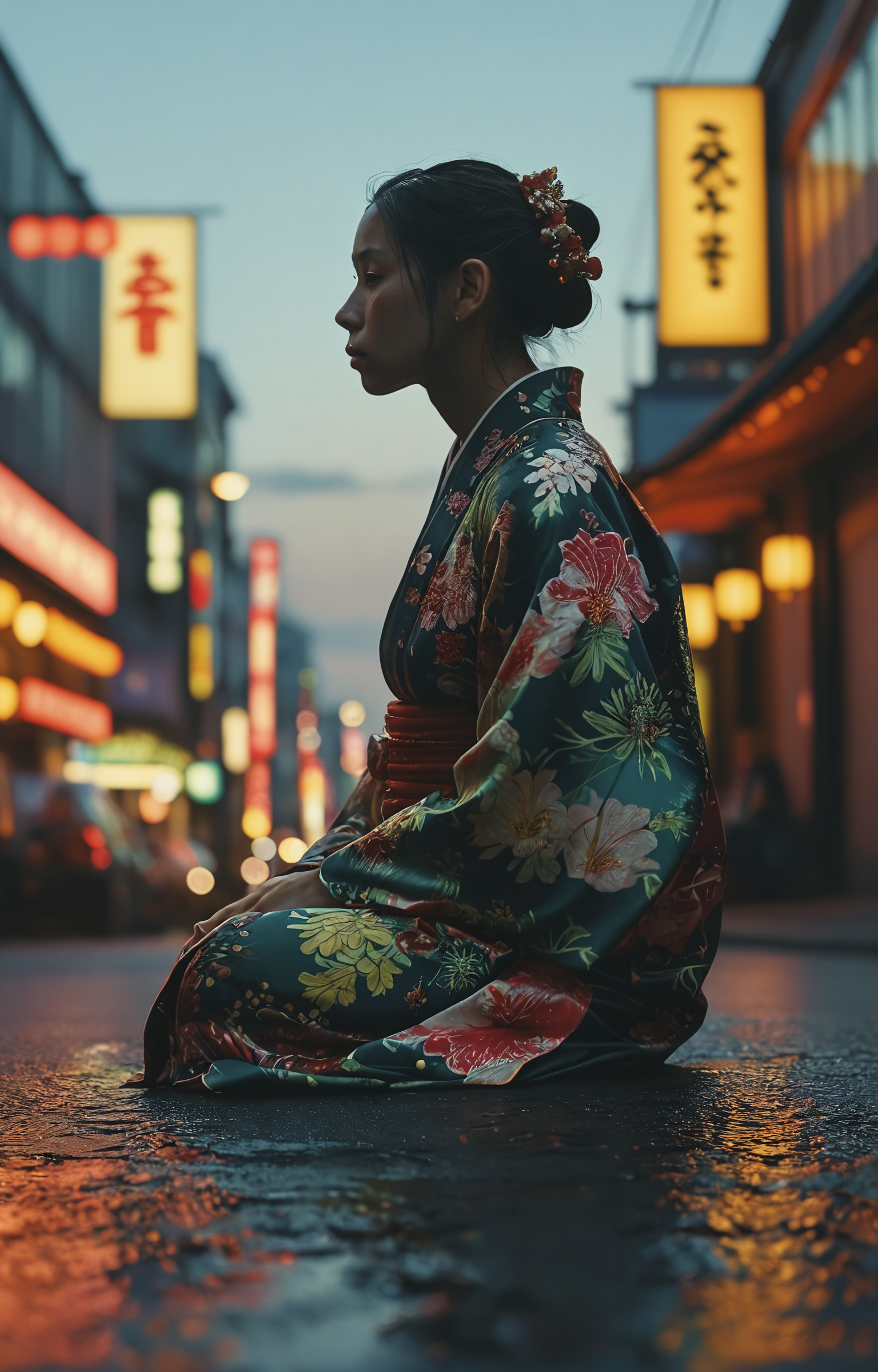 photography in the style of detailed hyperrealism,cinematic composition,sky,dof,perfectly focused, Peter Doig,Nan Goldin,fantasy,
creature in a kimono sits in the middle of the street,Tokyo,close up, 
hyper detailed,intricate,poster,artstation, <lora:add-detail-xl:1> <lora:MJ52:0.3> <lora:DD-sli-v1:1>