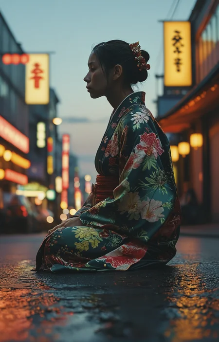 photography in the style of detailed hyperrealism,cinematic composition,sky,dof,perfectly focused, Peter Doig,Nan Goldin,fantasy,
creature in a kimono sits in the middle of the street,Tokyo,close up,
hyper detailed,intricate,poster,artstation, <lora:add-detail-xl:1> <lora:MJ52:0.3> <lora:DD-sli-v1:1>