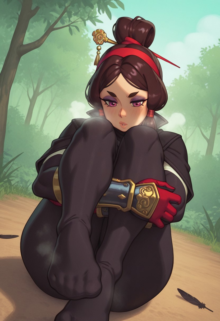 rizdraws,  outdoors, undershirt, falling feathers, black bodysuit, hair stick, hugging own legs, , gauntlets,   eyeshadow,   red gloves,  high ponytail,  , black capelet, red hairband, pink eyes, 1girl, solo, feet, visible breath,   dynamic angle, foreshortening, smell, steam,
