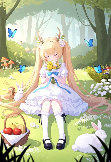1girl, flower, bug, butterfly, rabbit, basket, long hair, grass, solo, blonde hair, apple, blue butterfly, dress, socks, hair flower, bouquet, nature, holding, fruit, hair ornament, ribbon, white socks, animal, closed eyes, mushroom, frills, antlers, yellow flower, horns, forest, white gloves, holding bouquet, outdoors, frilled dress, food, white dress, on grass, kneehighs, sleeping, berry, very long hair, twintails, gloves, white flower, squirrel, frilled socks, holding flower, black footwear, sitting, full body, bow, shoes, short sleeves,
masterpiece,best quality,newest,absurdres,highres,very awa,<lora:akovo1_noob1.1-000196:0.7>,