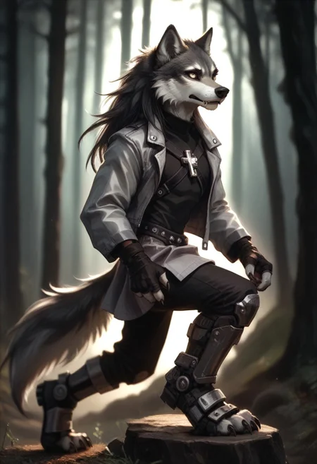 score_9, score_8_up, score_7_up, FMW1, source_furry, anthro, wolf, wolf ears, wolf tail, paws, claws, fangs, (gradient eyes:1.5), hugbaldw, cutoff jacket, body harness with holy cross design, long black hair, charcoal greaves, gray skirt, black shirt, black pants, black fingerless gloves, long legs, slender legs, dark forest,