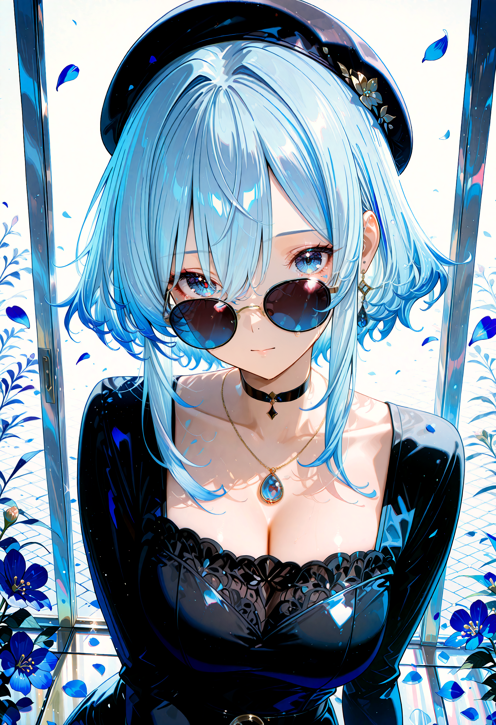 A digital anime-style illustration of a girl with fluffy, light blue hair featuring darker blue streaks. She wears large round sunglasses and a black beret, complemented by a black long-sleeve top. A choker necklace with a teardrop pendant adorns her neck, and she touches her sunglasses with one hand while gazing directly at the viewer. The background is minimalistic with light blue petals, enhancing the ethereal feel of the image.
 nyonku detailed background, detailed foreground,detailed clothing,  detailed hair,masterpiece, best quality,detailed eyes, detailed skin,skin folds,light particles, bokeh,volumetric lighting, dramatic lighting,cinematic,dark,shadow, shallow depth of field, natural light,cinematic shading