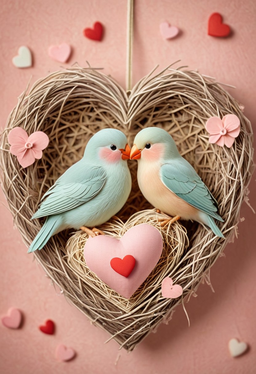 Valentine,
A pair of lovebirds meticulously weave a nest lined with delicate heart-shaped petals, their beaks touching as they work in harmony. The scene radiates tenderness, bathed in a soft pastel glow.
heart-shaped tokens, cozy nests, warm atmosphere, soft pastel colors,affectionate mood, whimsical, gentle lighting,companionship, charming, playful, heartwarming