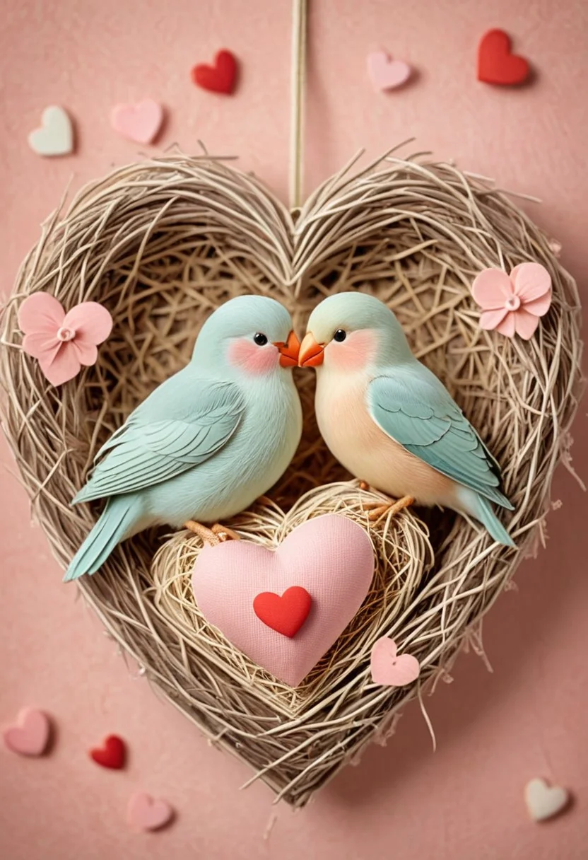 Valentine,
A pair of lovebirds meticulously weave a nest lined with delicate heart-shaped petals, their beaks touching as they work in harmony. The scene radiates tenderness, bathed in a soft pastel glow.
heart-shaped tokens, cozy nests, warm atmosphere, soft pastel colors,affectionate mood, whimsical, gentle lighting,companionship, charming, playful, heartwarming