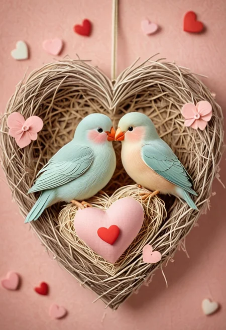 Valentine,
A pair of lovebirds meticulously weave a nest lined with delicate heart-shaped petals, their beaks touching as they work in harmony. The scene radiates tenderness, bathed in a soft pastel glow.
heart-shaped tokens, cozy nests, warm atmosphere, soft pastel colors,affectionate mood, whimsical, gentle lighting,companionship, charming, playful, heartwarming