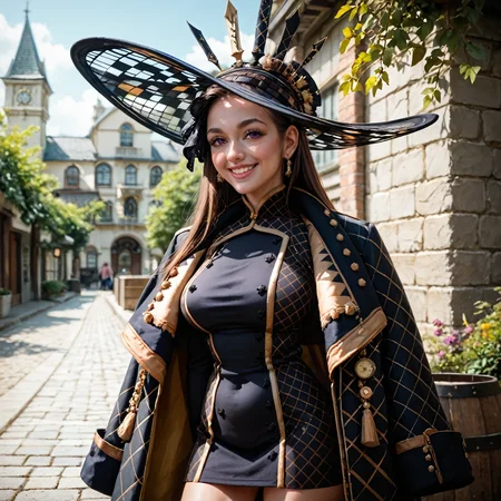 score_9, score_8_up, score_7_up, score_6_up, source_realistic, 1girl, solo, hat, long hair, brown hair, (purple eyes), large breasts, breasts, jacket, open jacket, wide open jacket, dress, black dress, looking at viewer, smile, outdoors, venice, canal, clock tower, moss, mossy wall, cobblestone, barrel, (portrait), detailed background, Hyperdetailed, Extreme Detail, 4K Resolution, Masterpiece, Best Quality  <lora:Dorothea_Coyett_from_FateSamurai_Remnant_for_Pony_by_RealmRabbit-000009:1> <lora:MuppetJim_Henson_Style_Pony:2>