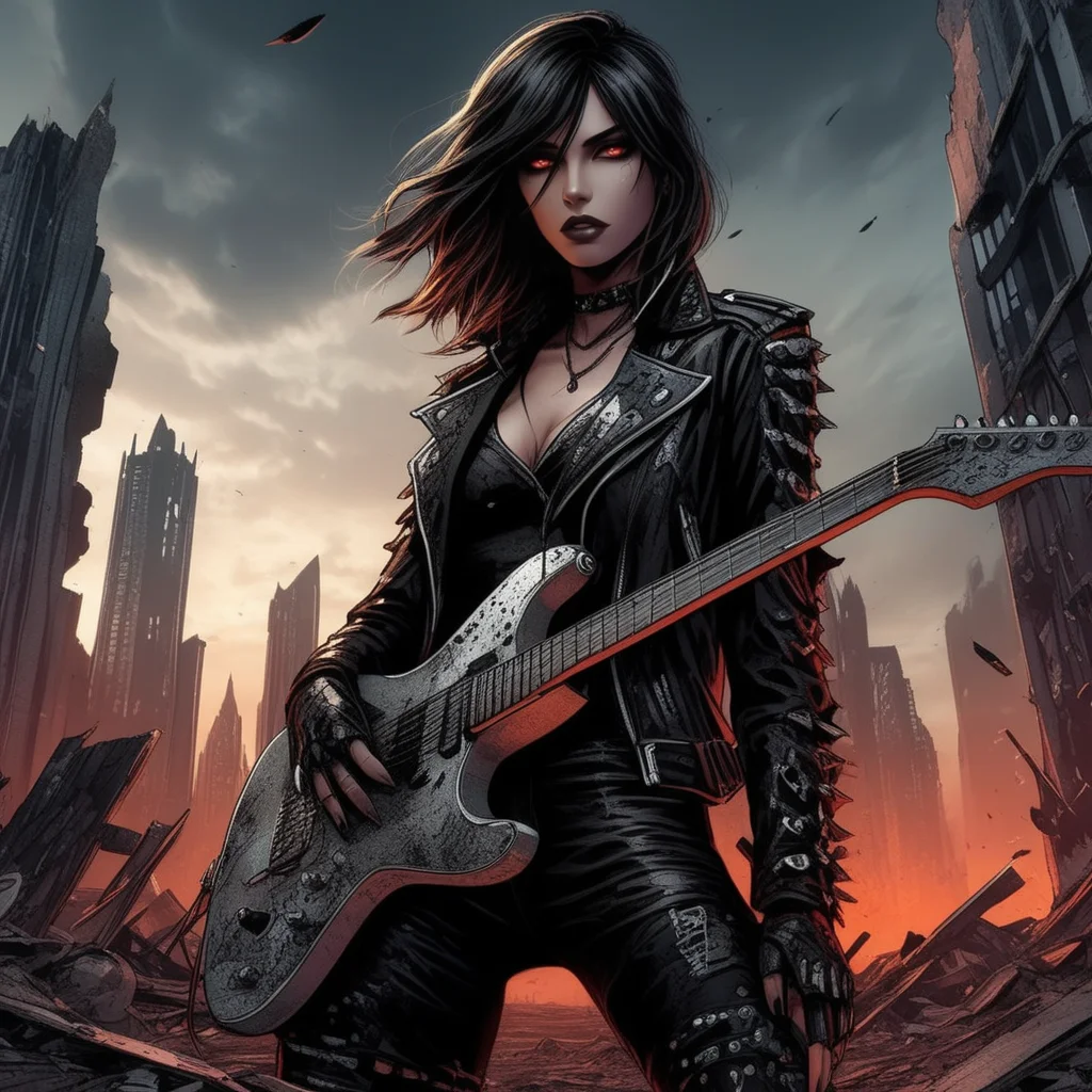 Gothic style <lora:Gothicanimegirls:1>A dark fantasy woman wielding a jagged electric guitar in a dystopian wasteland, surrounded by remnants of a fallen city. Her outfit is a mix of torn leather and metallic armor. The camera captures her in a heroic stance from a wide-angle, with fiery clouds and destroyed skyscrapers as the backdrop. Ultra detailed textures and colores, highly vibrant image. . Dark, mysterious, haunting, dramatic, ornate, detailed