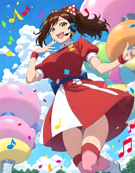 <lora:pony_xl_minami:0.9>,minami,score_9,score_8_up,score_7_up,source_anime,1girl,solo,ponytail,hair bow,earrings,red dress,puffy short sleeves,wristband,pink thighhighs,white boots,knee boots,headset,smile,laughing,standing,knees_together_feet_apart,day,sky,blue sky,cloud,musical note,eighth note,front view,looking_at_viewer,