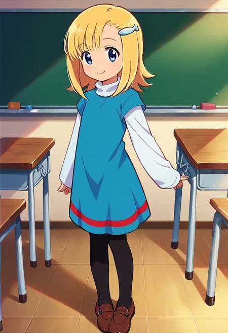 score_8, score_8_up, score_7_up, official art, 1girl, solo, Mana_GF, Blonde hair, blue eyes, sidelocks, hair ornament, hair clip, fish hair ornament, bangs,blue dress, white turtleneck, turtleneck dress, white sleeves, long sleeves, layered sleeves,, long sleeves under short sleeves, pantyhose, black pantyhose, mary janes, brown footwear, looking at viewer, smile, standing, indoors, classroom, school, desk, blackboard,