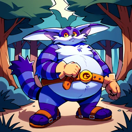 score_9, score_8_up, score_7_up, score_6_up, score_5_up, score_4_up, source_cartoon, <lora:Big_The_Cat_V2_Sonic_The_Hedgehog_PonyXL:1> big the cat, big, cat, furry, fat, obese, purple skin, white fluffy belly, yellow sclera, long ears, stripey arms, stripey tail, gloves, belt, sandals, three toes, purple feet, wandering in the forest, looking at viewer, forest background