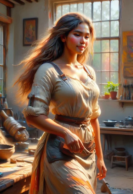 (Oil painting) Khmer woman artisan with glowing clear skin and a gentle smile, standing in a sunlit workshop. She wears a cute, slightly smudged apron, her long hair cascading softly around her shoulders. The warm golden light streams through large windows, casting intricate shadows on her body. Sun-kissed highlights illuminate her face and arms, while soft warm shadows play across the background. The scene captures a romantic atmosphere, inspired by the styles of Winslow Homer and Thomas Eakins.
Strong wiry build, Beautiful sexy busty. Her full lips curve into a gentle smile. Long, silky black hair frames her heart-shaped face. Strong hands delicately working on an intricate craft piece. Her graceful magical movements and posture exude confidence and skill. Sun-kissed highlights accentuate her curves.