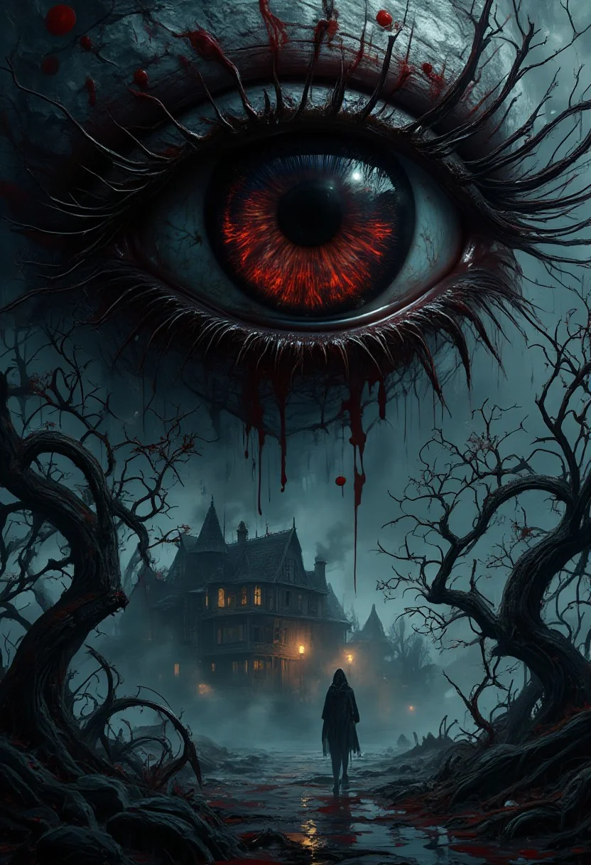 horror show, monster, nightmare, fear, 
“A dark fantasy, surreal horror composition featuring a large, sinister eye with detailed irises hovering over a haunted house. The scene is awash in blood red splatters and dripping textures, creating an eerie, nightmarish atmosphere. The background features twisted, shadowy trees and fog, shrouding a creepy old house with flickering lights. A lone figure stands in the distance, shrouded in fog, adding to the sense of mystery and dread. The overall color palette features deep reds, blacks and cool blues, with intricate shadows and texture details mixing horror and surrealism.”