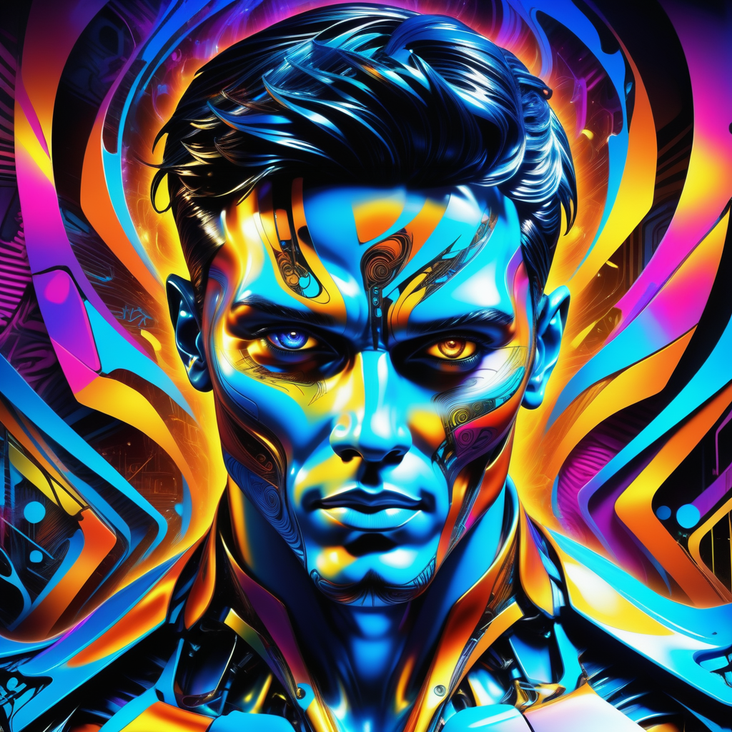 Jed-CyFut, masterpiece, full of details, positive emotional, Jed-Gr4ff1t1,wallpaper enginge, <lora:GraffitiStyle-000003:0.7>, <lora:CyberFuturisticStyle:0.7>, cast paper art of an attractive, Male, Ambient lighting, dramatic, alluring, heroic, rich deep colors, magical composition, confident, radiant, glossy, artistic