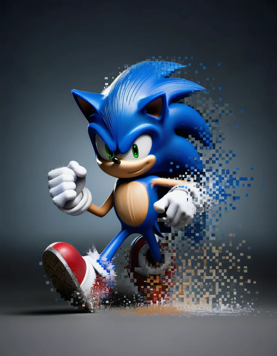 <lora:Aether_Pixel_v1_SDXL_LoRA:1> a close-up action shot profile of sonic the hedgehog running dissolving into pixels, cinematic, intricate, dark background