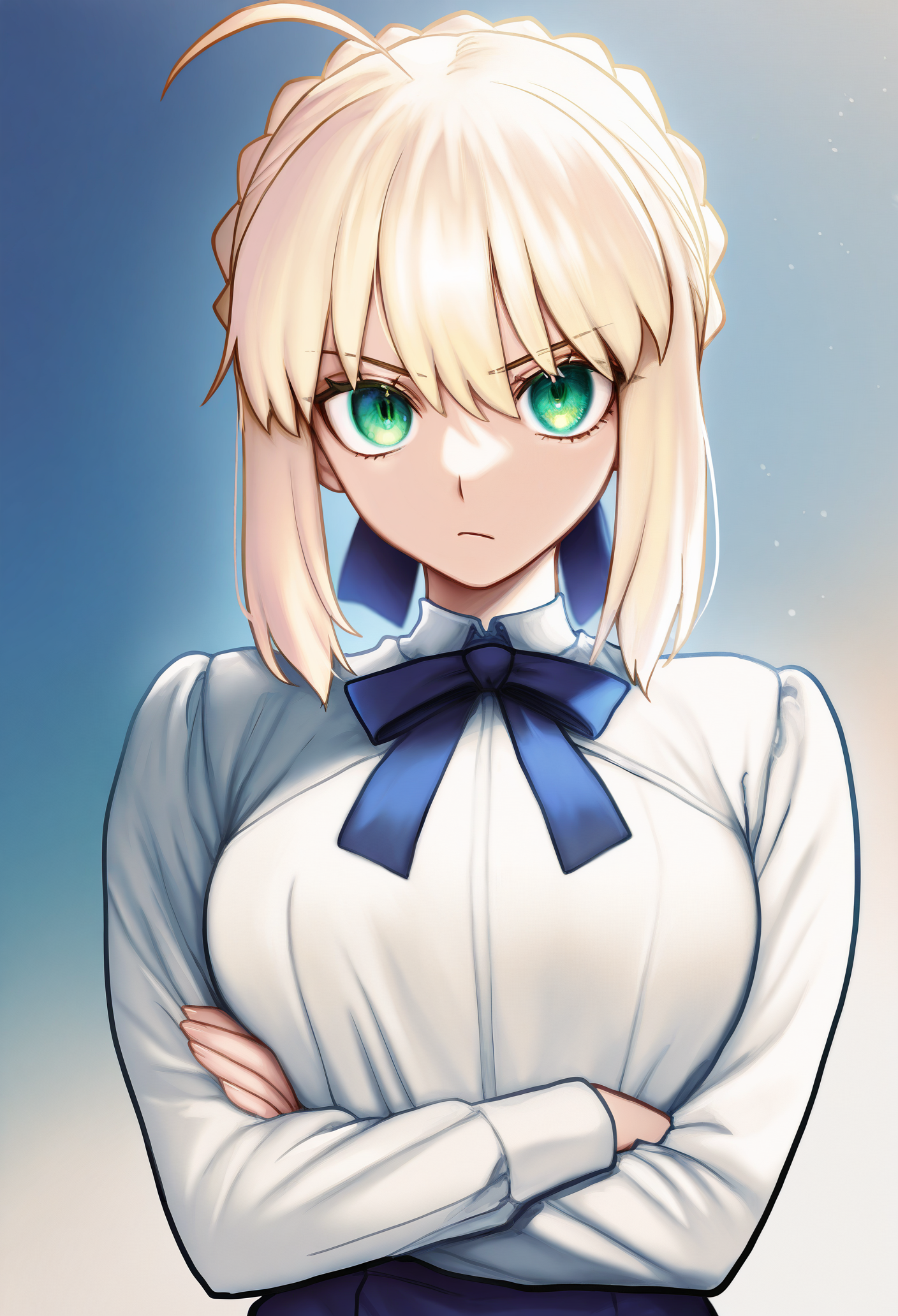 1girl, solo, crossed arms, looking at viewer, artoria pendragon, 
masterpiece, best quality, <lora:thegoldensmurf-guy90-IllustriousV1:1>, frulog