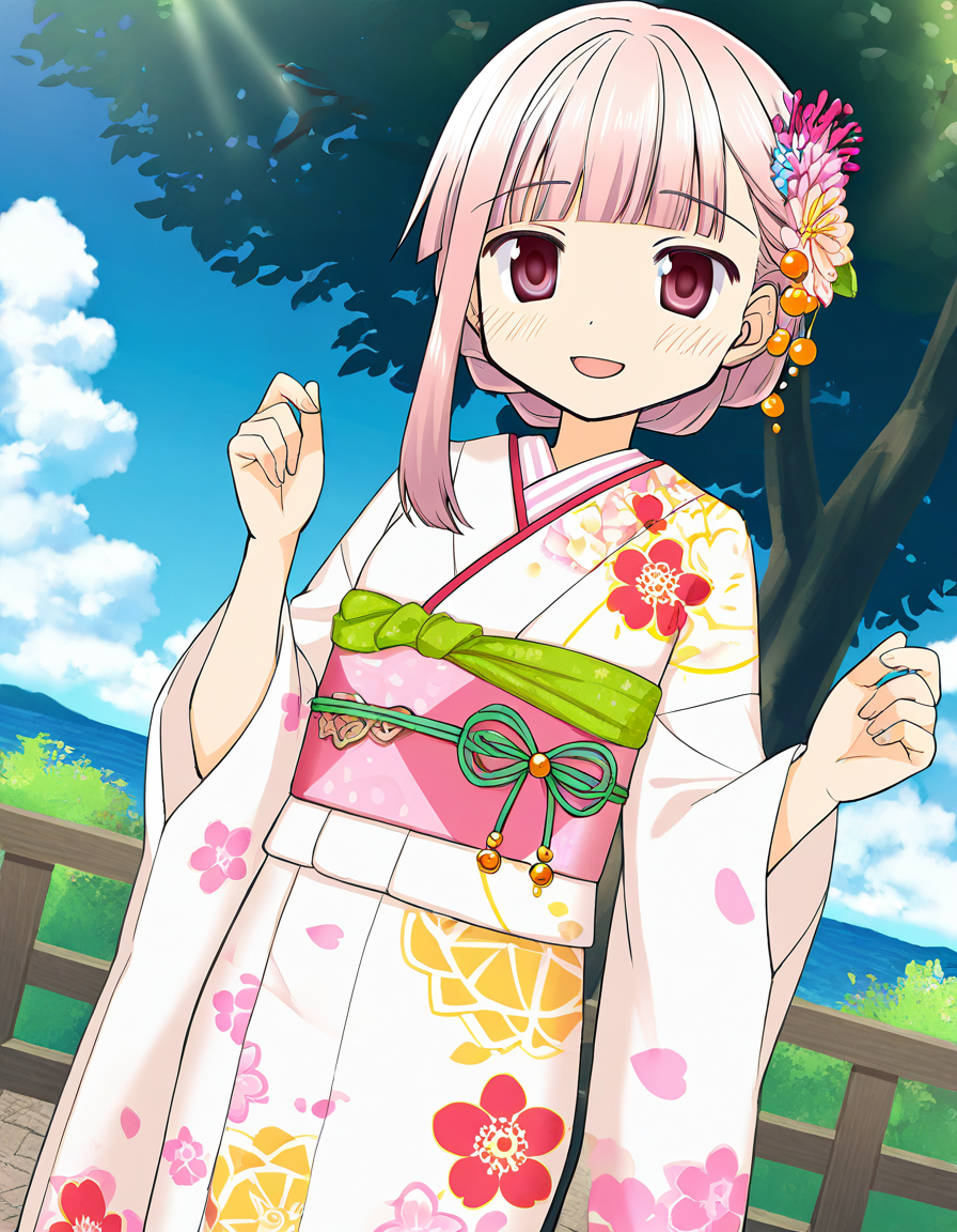 masterpiece, best quality, newest, absurdres, highres, safe, 1girl, tamaki iroha \(haregi costume\), magia record: mahou shoujo madoka magica gaiden, solo, day, outdoors, dutch angle, <lora:tamaki_iroha_noobaiXLNAIXL_vPred10Version:0.7>