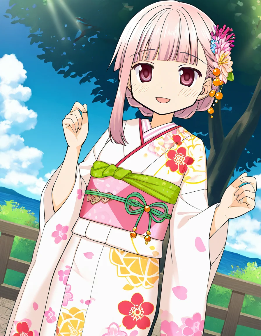 masterpiece, best quality, newest, absurdres, highres, safe, 1girl, tamaki iroha \(haregi costume\), magia record: mahou shoujo madoka magica gaiden, solo, day, outdoors, dutch angle, <lora:tamaki_iroha_noobaiXLNAIXL_vPred10Version:0.7>