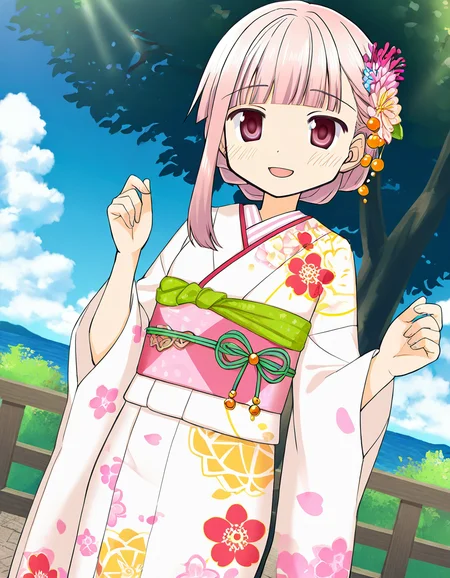masterpiece, best quality, newest, absurdres, highres, safe, 1girl, tamaki iroha \(haregi costume\), magia record: mahou shoujo madoka magica gaiden, solo, day, outdoors, dutch angle, <lora:tamaki_iroha_noobaiXLNAIXL_vPred10Version:0.7>