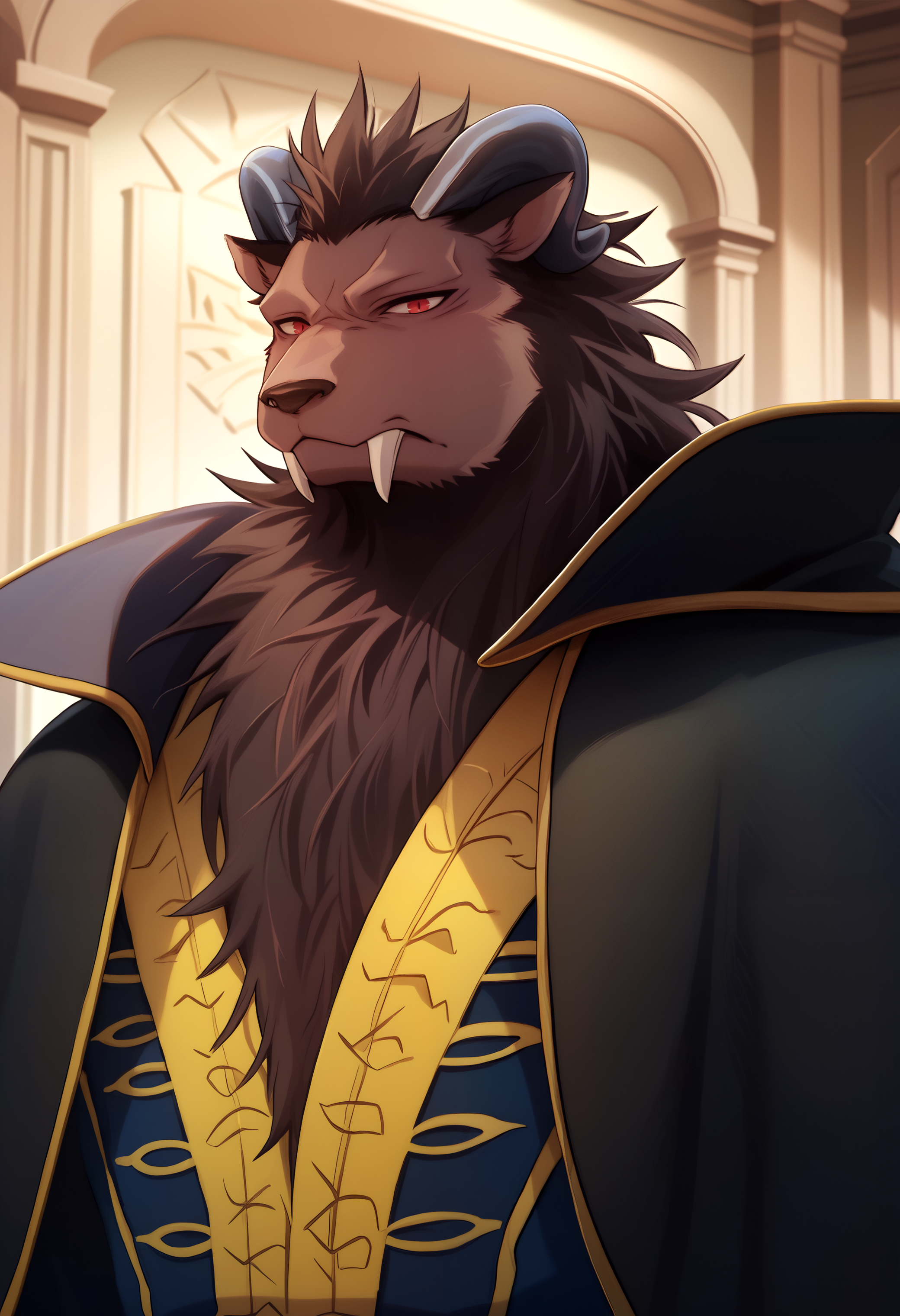 score_9, score_8_up, score_7_up, 8k, detailed design, detailed background, detailed characters, masterpiece, anthro only, furry only, 1boy, solo, l30nh4rt, bara, black cape, blue tunic,   close up, side angle, looking at viewer,