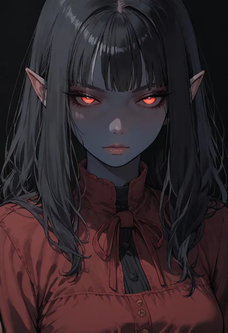 (score_9, score_8_up, score_7_up), source_anime, anime, female, elf, (dark blue skin), black hair, burgundy eye color, black eye sclera, layered clothing, waist-high, black background, woman