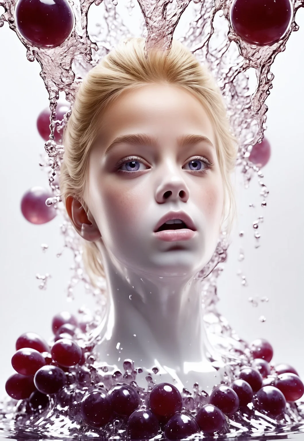 Closeup, highly detailed image, beautiful blonde girl in a white dress, grape jelly around mouth, eccentric, mischievous look, action shot, dynamic image