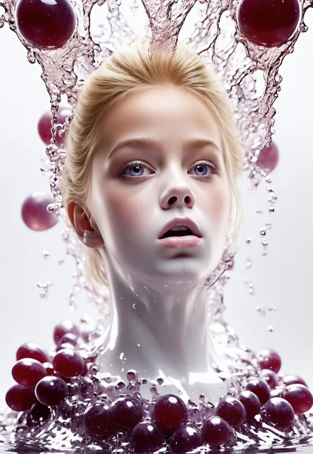 Closeup, highly detailed image, beautiful blonde girl in a white dress, grape jelly around mouth, eccentric, mischievous look, action shot, dynamic image