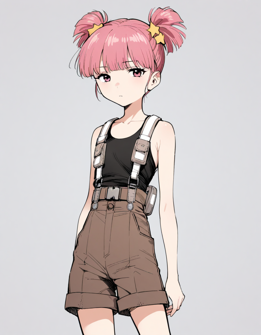 <lora:KirisakiMaiXL_ani31_3:0.8> 1girl, solo, kirisaki mai, high twintails, star hair ornament, tank top, shorts,  
cowboy shot, looking at viewer, expressionless,  
best quality