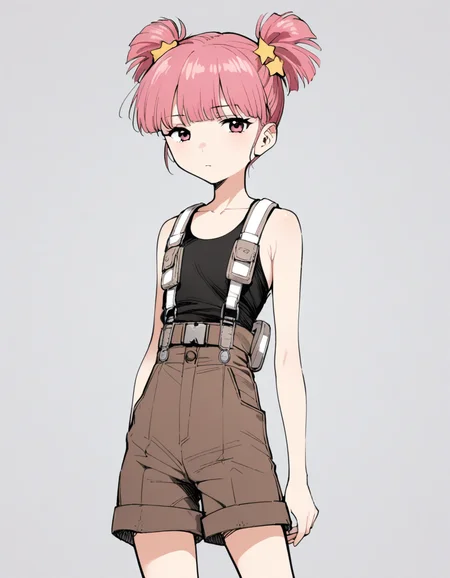 <lora:KirisakiMaiXL_ani31_3:0.8> 1girl, solo, kirisaki mai, high twintails, star hair ornament, tank top, shorts,
cowboy shot, looking at viewer, expressionless,
best quality